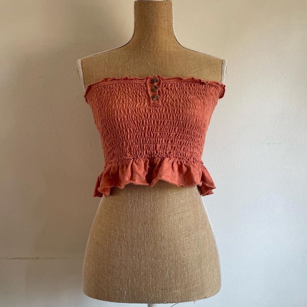 Y2K Peplum Scrunch Ruched LA Hearts Tube Crop Top Brown Big Button Size M
